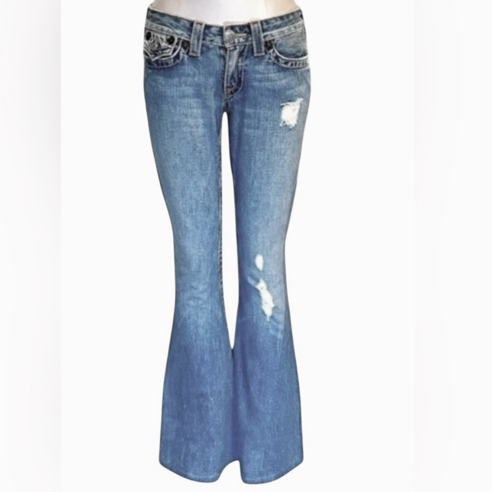 True Religion Joey Big T Low Rise Flare Jeans Distressed 28